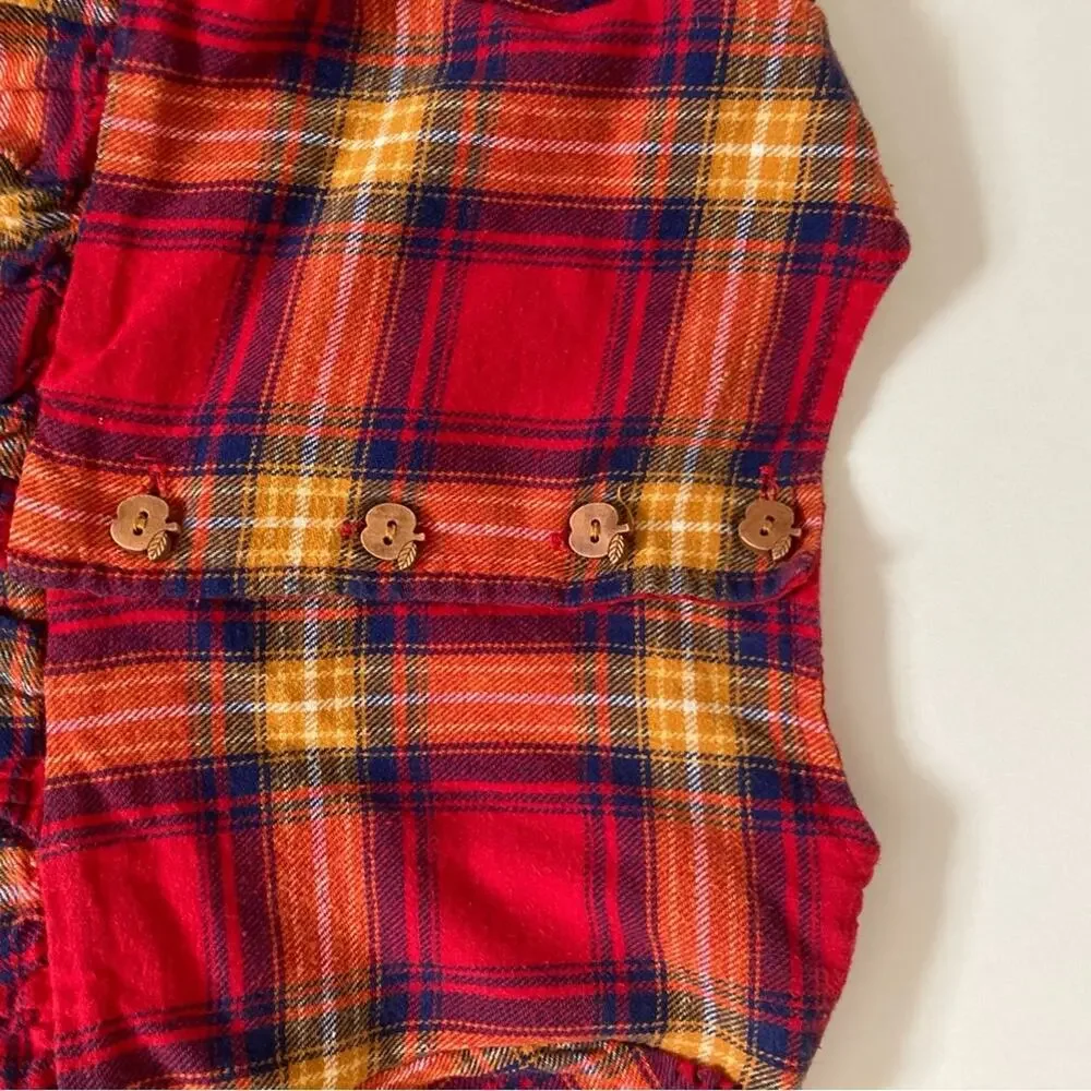 Tahari Plaid Red Yellow Long Sleeve Seersucker Apple Button Dress Toddler 2T